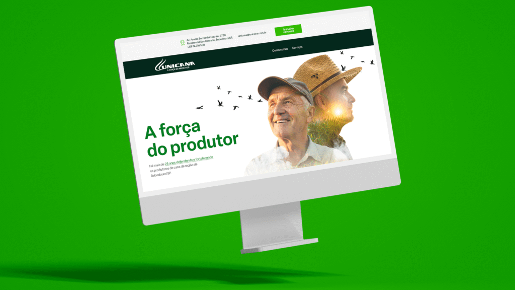 Website institucional da Unicana, com design moderno e estruturado para produtores e fornecedores de cana. Layout responsivo, navegação intuitiva e estética alinhada ao setor sucroenergético, destacando serviços, consultorias, informações técnicas e vínculo com a Orplana.